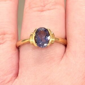 18K Iolite Ring, Natural Violet Oval Cut, Size 8.25, Yellow Gold, Solitaire